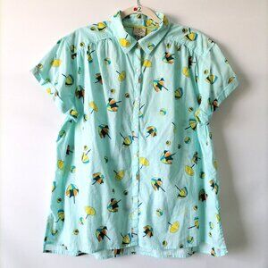 St. John's Bay Womens Aqua Blue Umbrella Print Collared Button Up Shirt Size OX